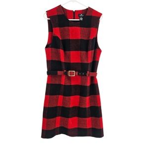 Limited America Buffalo Plaid Dress Red Black Wool Blend Belted Sleeveless Sz 10